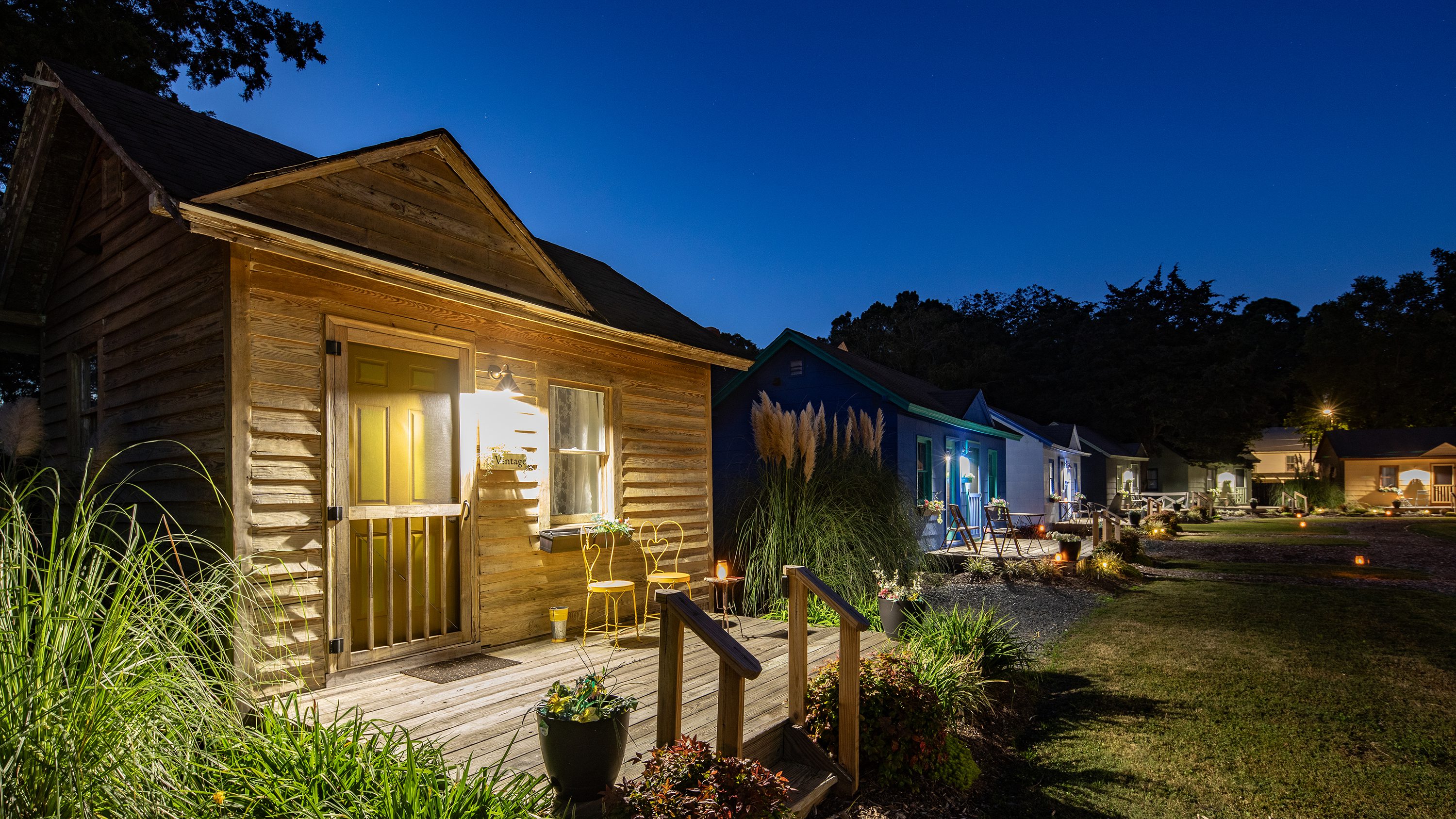 Twilight shot of tiny home community.